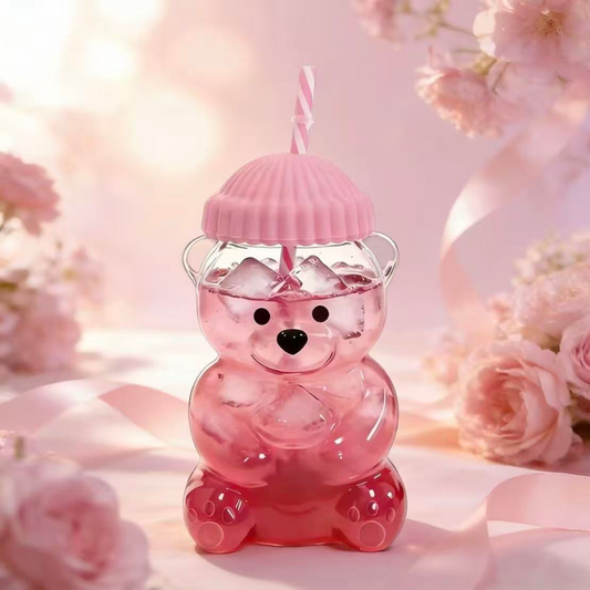 20oz Transparent High Borosilicate Glass Teddy Bear Straw Cup