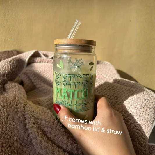 16ozAesthetic Glass cup with bamboo lid & straw
