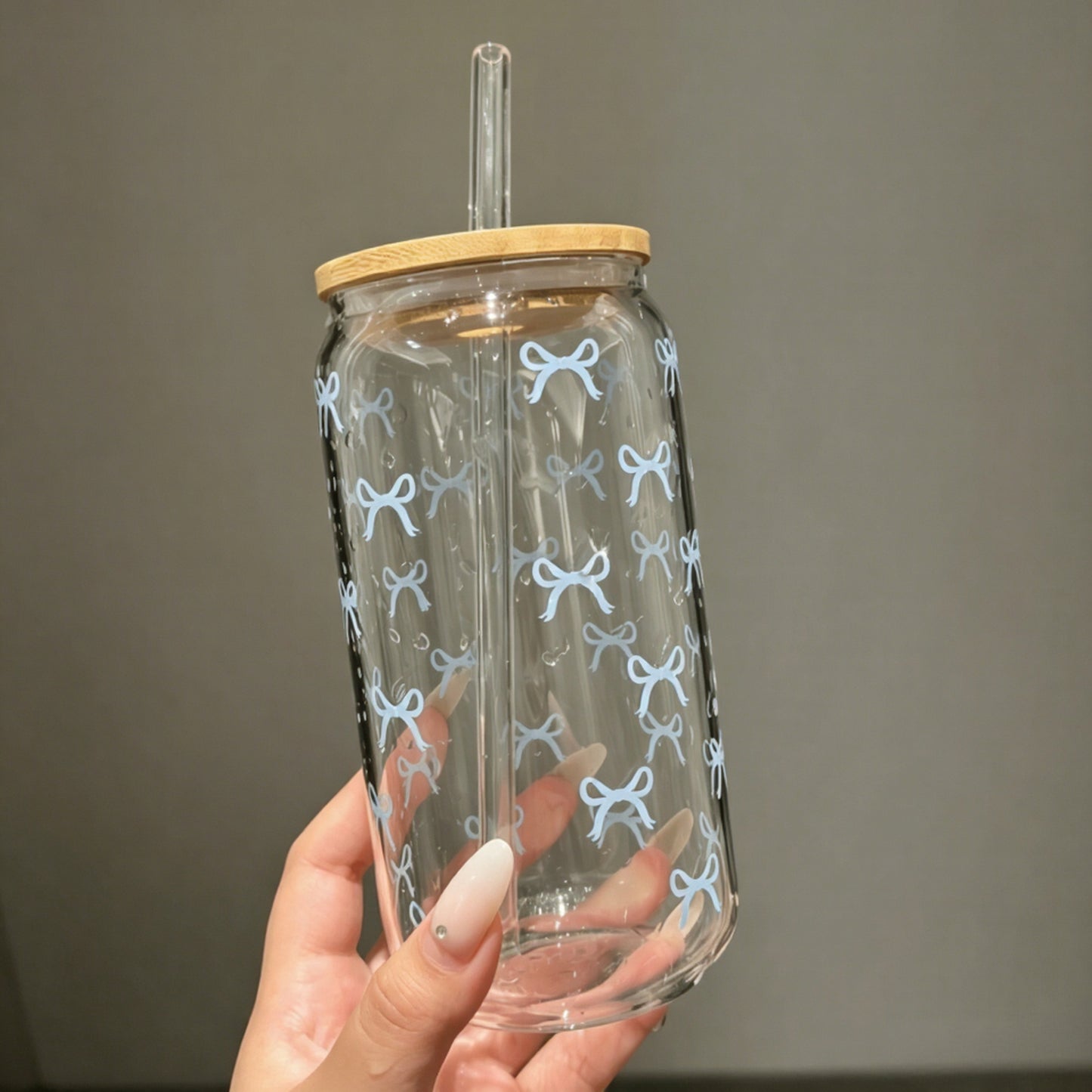 2Pc 18oz Glass Cup Pink And Blue Coffee Cup With Bamboo Lid And Straw