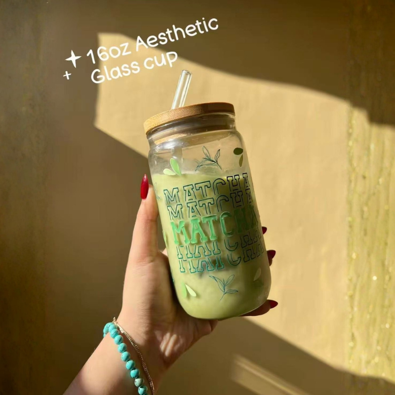 16ozAesthetic Glass cup with bamboo lid & straw