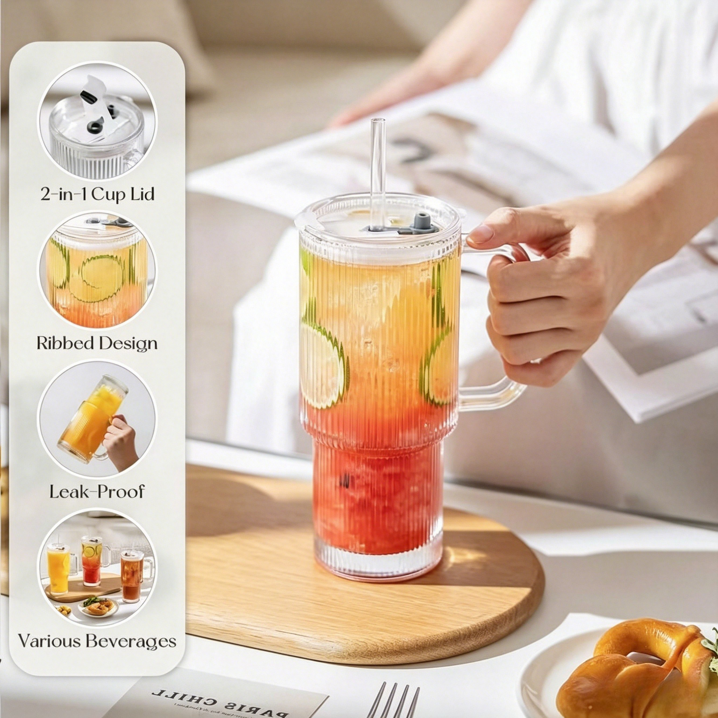 26oz Ribbed Glass Tumbler with Handle & Lid