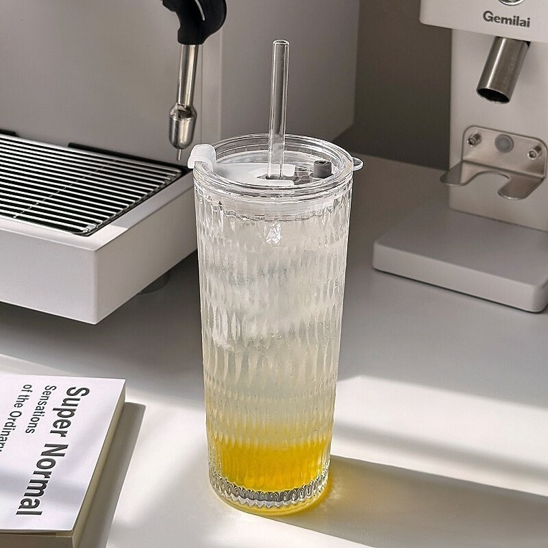 18oz Stylish Embossed GlassTumbler with Sealed Lid & Glass Straw