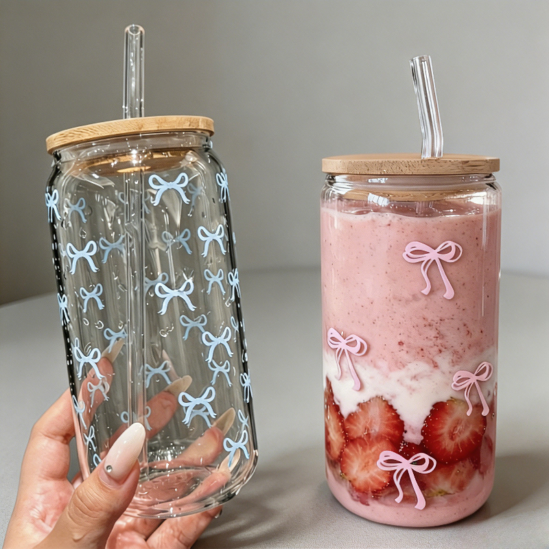2Pc 18oz Glass Cup Pink And Blue Coffee Cup With Bamboo Lid And Straw