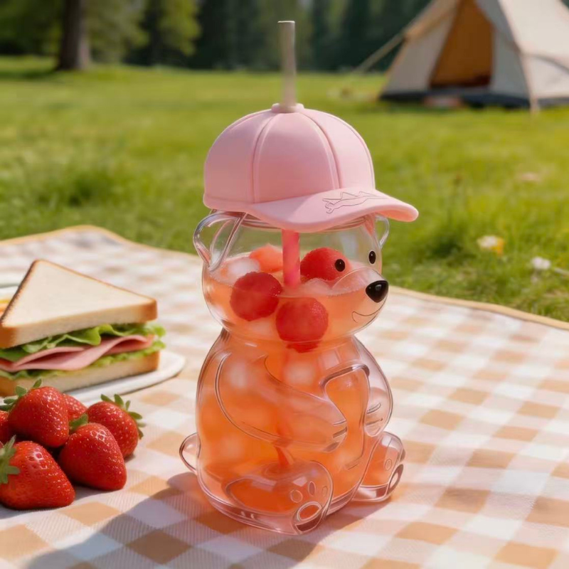 20oz Transparent High Borosilicate Glass Teddy Bear Straw Cup