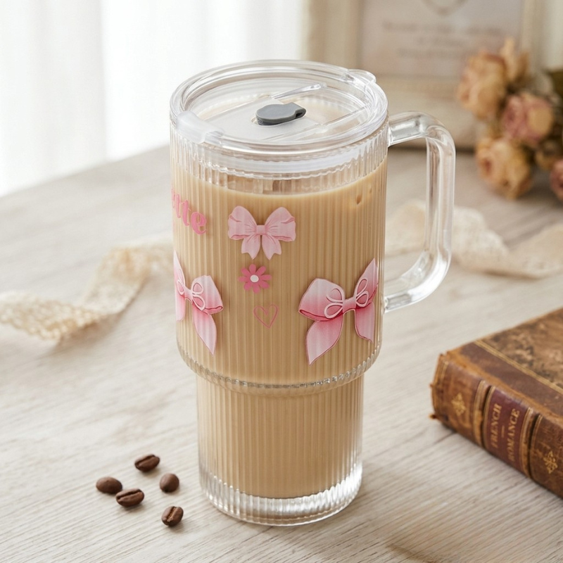 26oz Ribbed Glass Tumbler with Handle & Lid