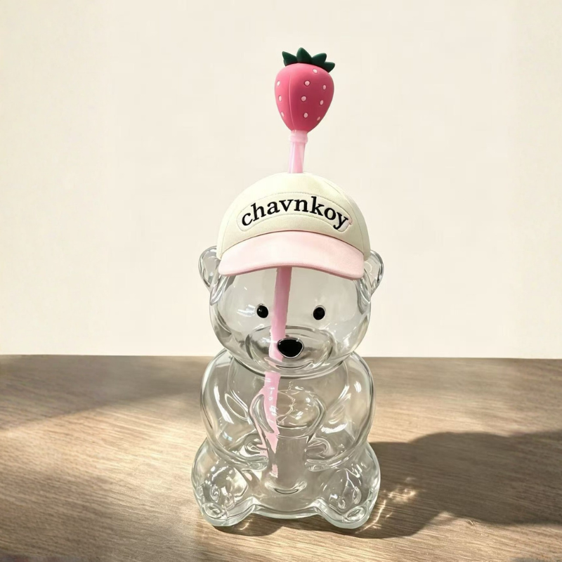 20oz Transparent High Borosilicate Glass Teddy Bear Straw Cup