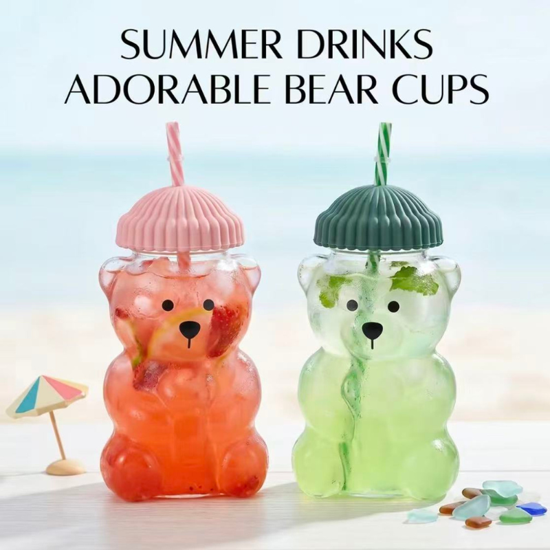 20oz Transparent High Borosilicate Glass Teddy Bear Straw Cup