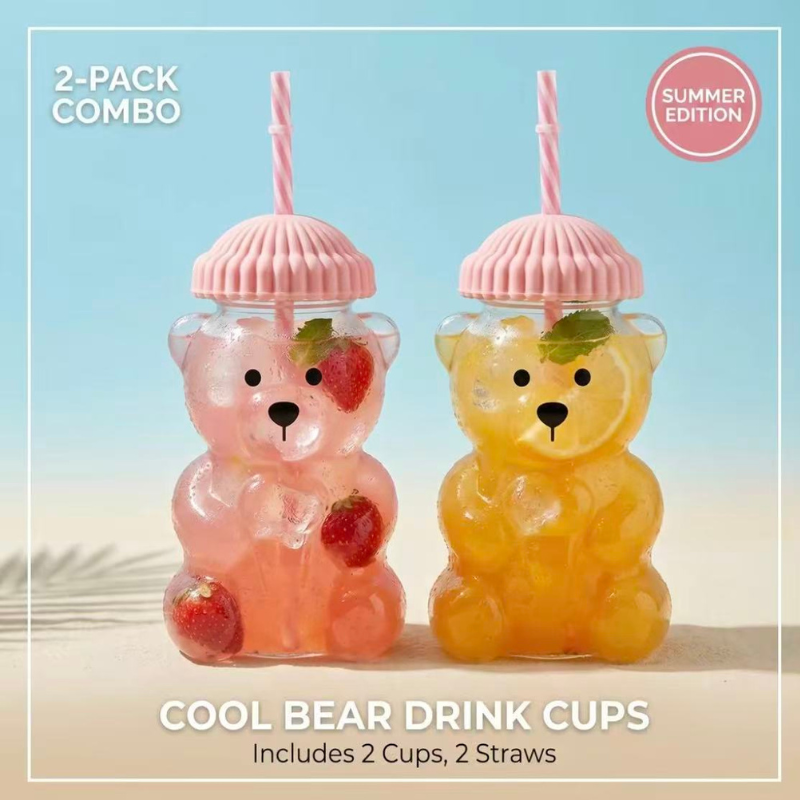 20oz Transparent High Borosilicate Glass Teddy Bear Straw Cup