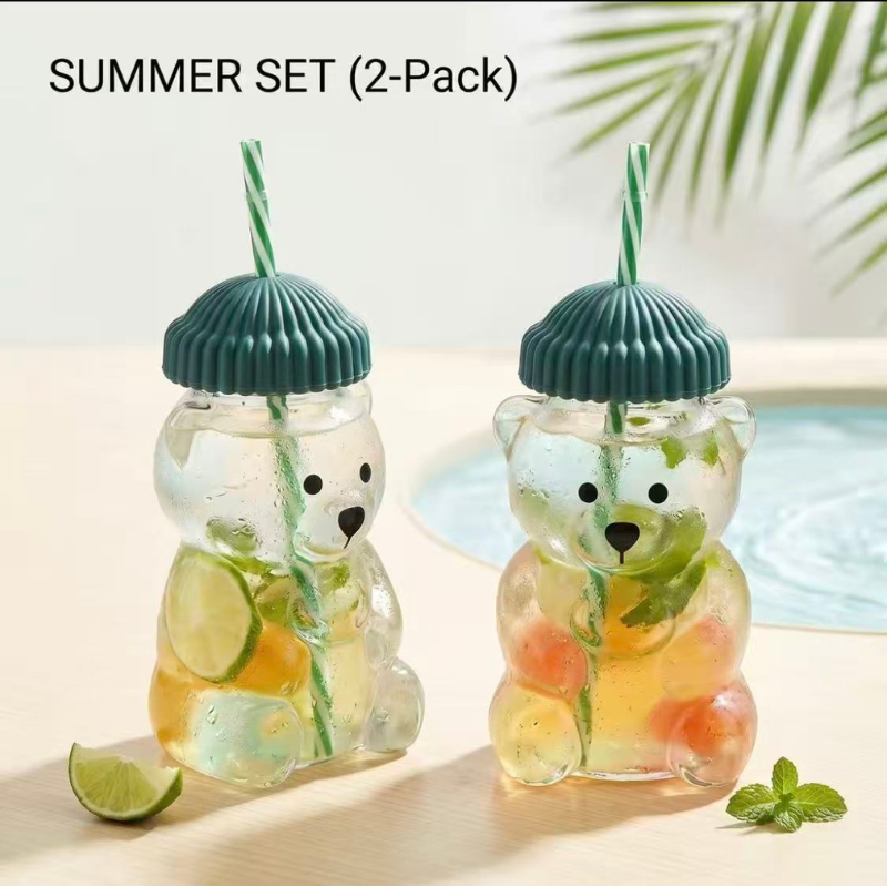 20oz Transparent High Borosilicate Glass Teddy Bear Straw Cup