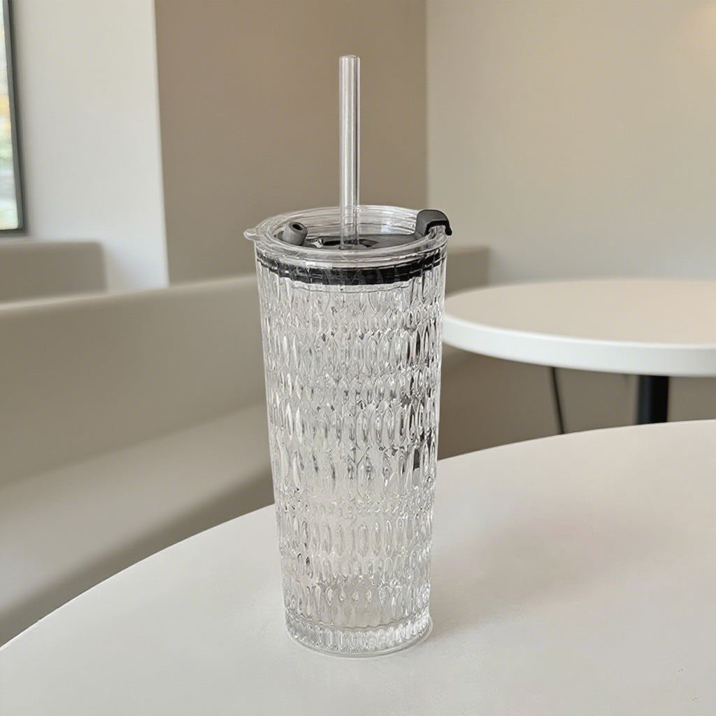 18oz Stylish Embossed GlassTumbler with Sealed Lid & Glass Straw