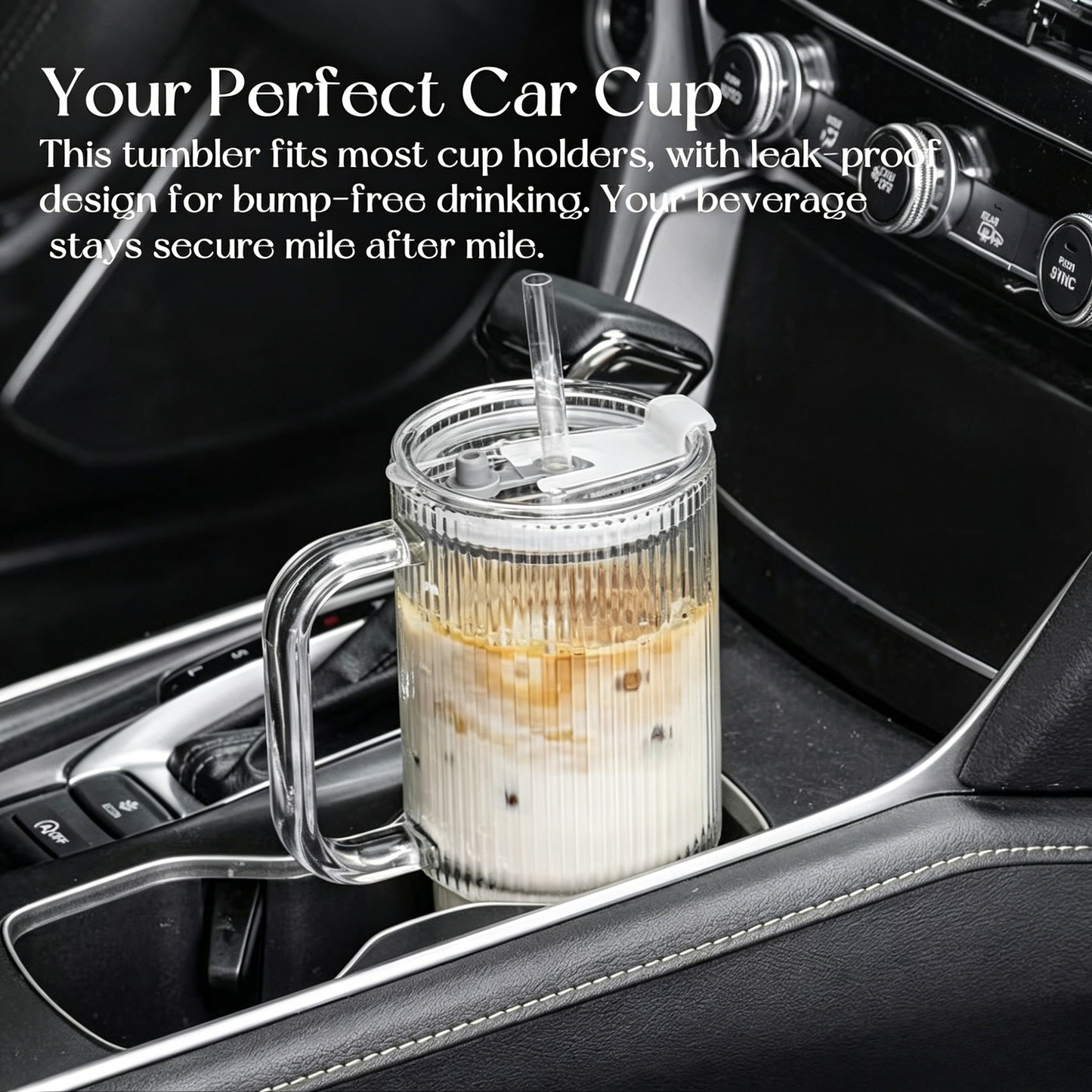 26oz Ribbed Glass Tumbler with Handle & Lid